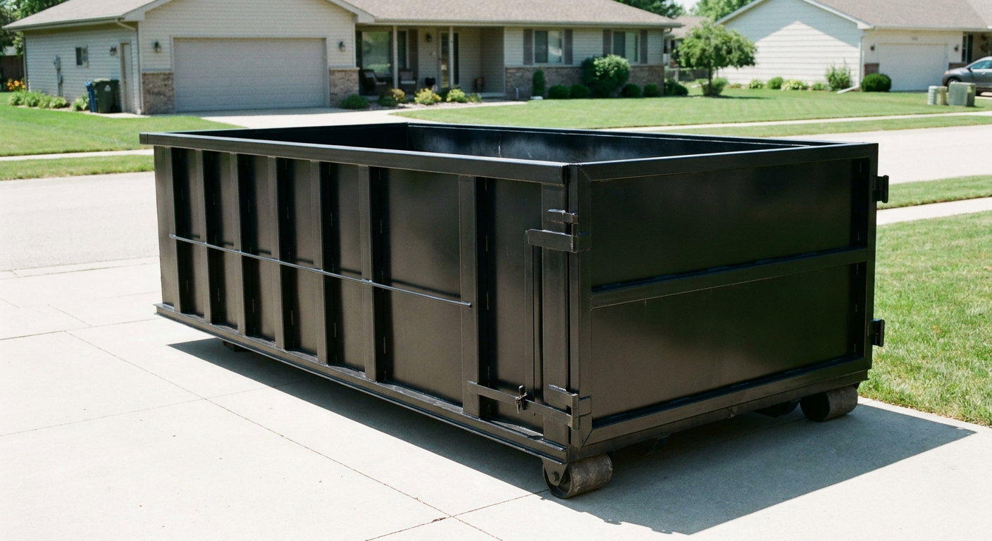 Matte-black 10-yard roll-off dumpster on a residential concrete driveway in Bloomington, uniformly painted matte black across every panel and rail, ribbed steel sidewalls and rear swing door visible, mid-day daylight.