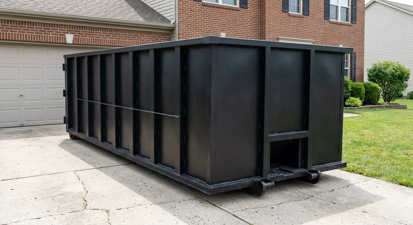 Matte-black 20-yard roll-off container on a Bloomington residential concrete driveway with reinforced ribbed steel sidewalls and a hinged rear walk-in door, clean bright daylight.