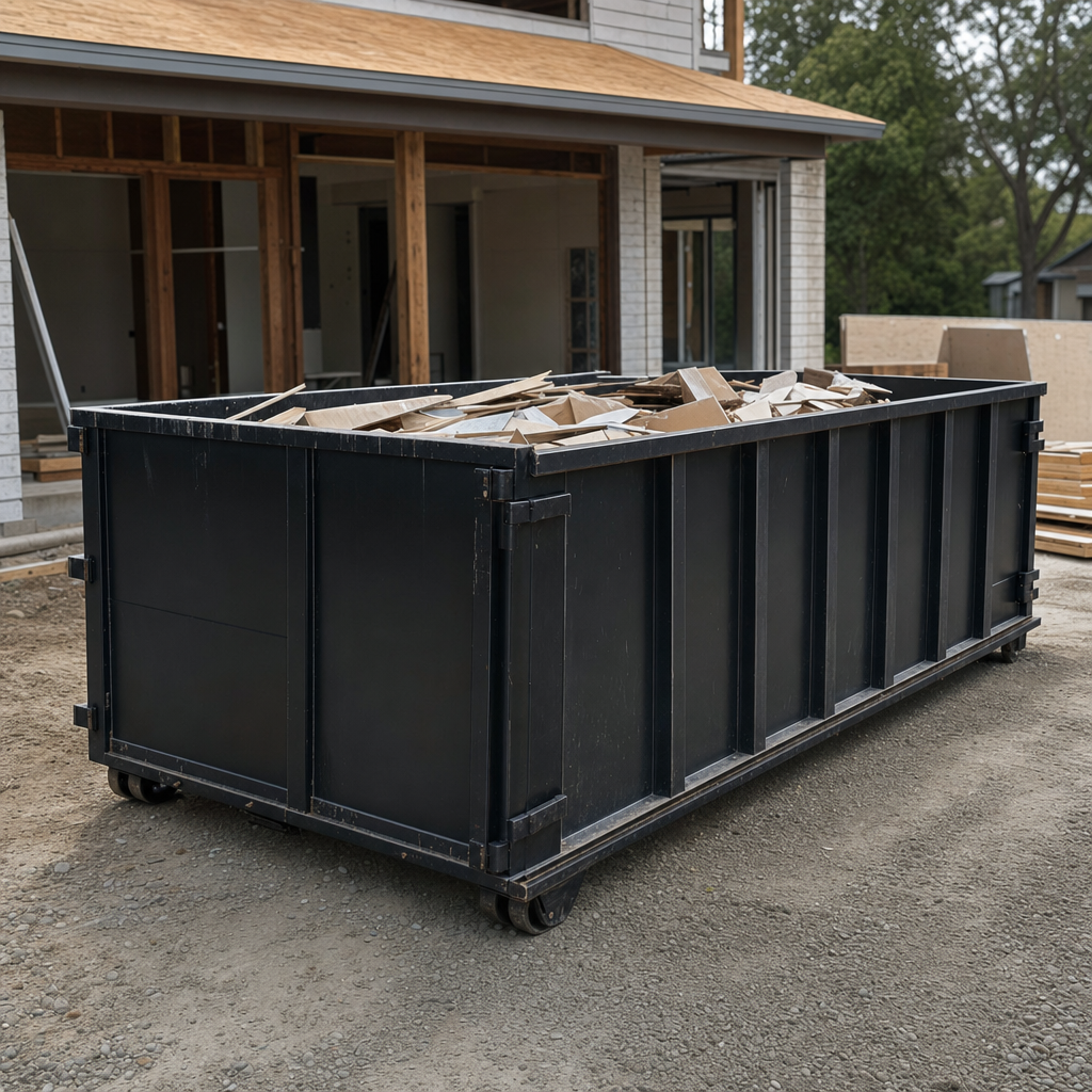 Large matte-black 30-yard construction roll-off dumpster at an active Bloomington jobsite, steel-gray top rails and bottom rollers visible, loaded with construction debris.
