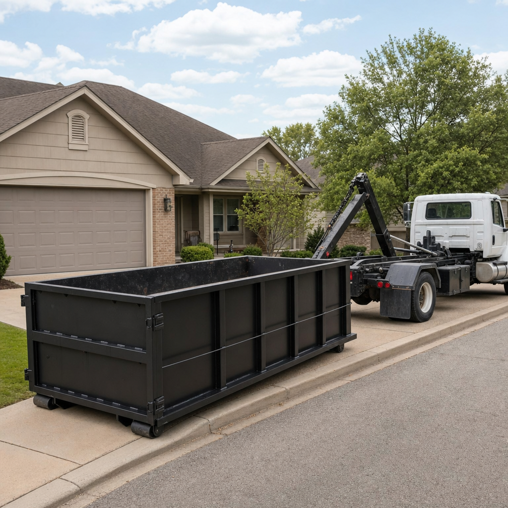 Wide documentary shot of a matte-black roll-off dumpster on a Bloomington residential driveway in the foreground and a contractor jobsite container in the soft-focus background, bright daylight, calm and orderly composition.